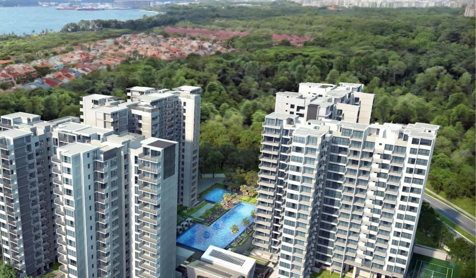 Vue 8 Residence: the blocks around the long pool, with Pasir Ris Park and the sea beyond