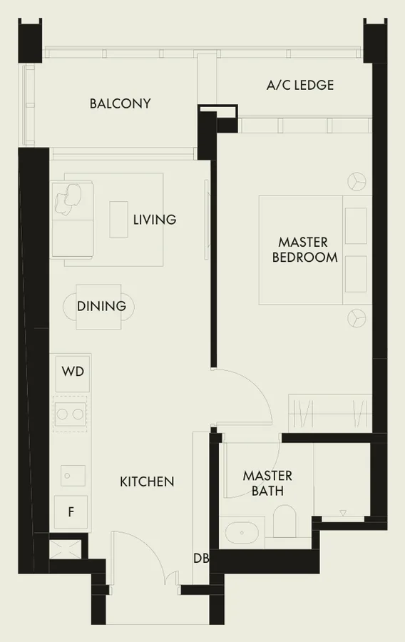Floor plan of W Residences Marina View - Singapore type A1, 1-Bedroom, 538 sq ft