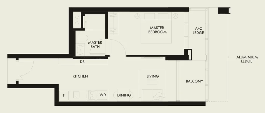 Floor plan of W Residences Marina View - Singapore type A2b, 1-Bedroom, 570 sq ft