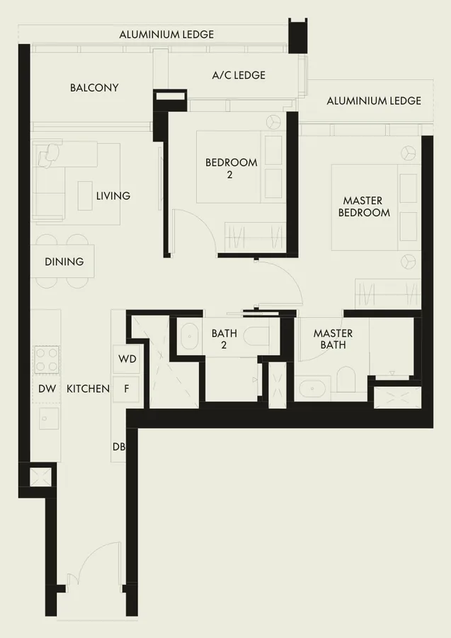 Floor plan of W Residences Marina View - Singapore type B2a, 2-Bedroom, 710 sq ft
