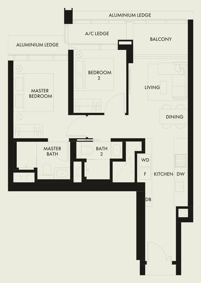 Floor plan of W Residences Marina View - Singapore type B2b, 2-Bedroom, 710 sq ft