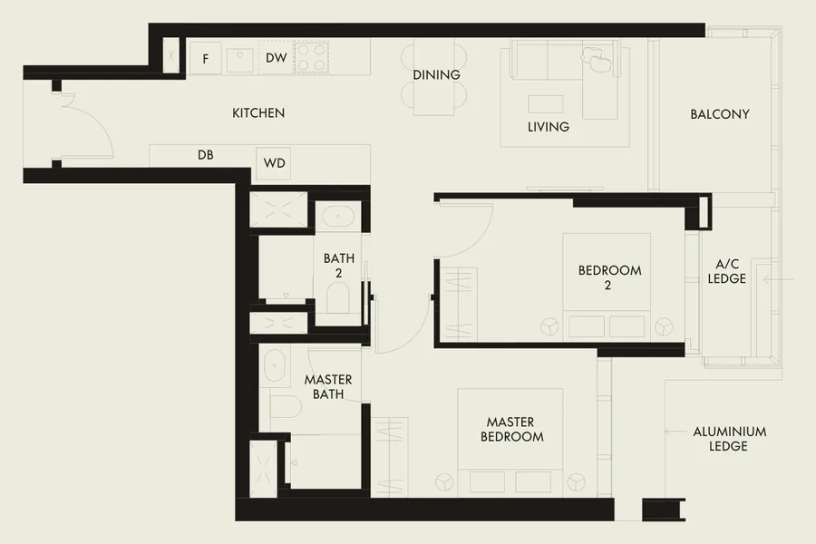 Floor plan of W Residences Marina View - Singapore type B3, 2-Bedroom Premium, 797 sq ft