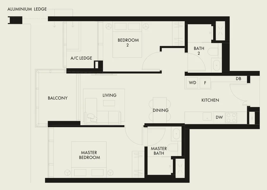Floor plan of W Residences Marina View - Singapore type B4, 2-Bedroom Premium, 797 sq ft