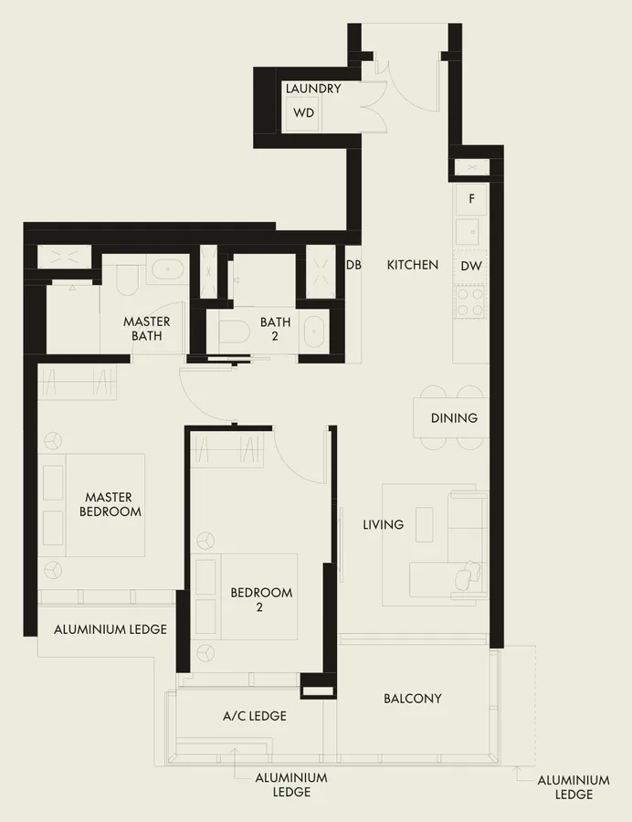 Floor plan of W Residences Marina View - Singapore type B5, 2-Bedroom Premium, 818 sq ft