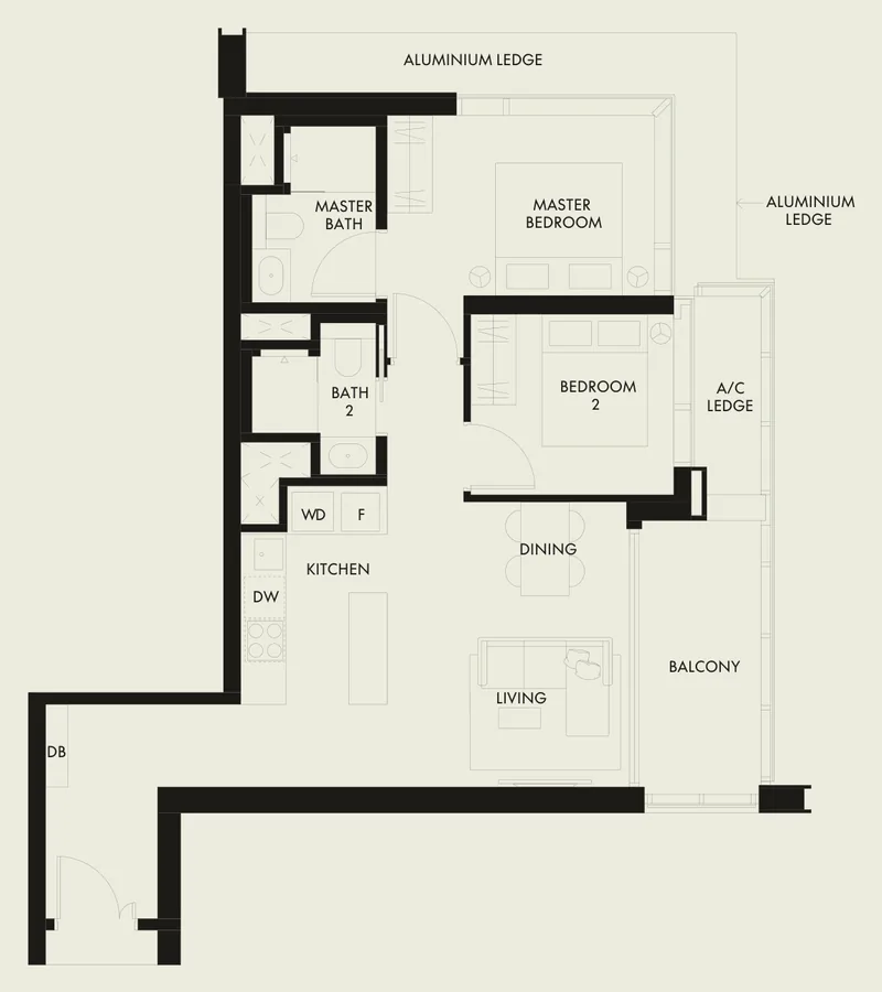 Floor plan of W Residences Marina View - Singapore type B6, 2-Bedroom Premium, 850 sq ft