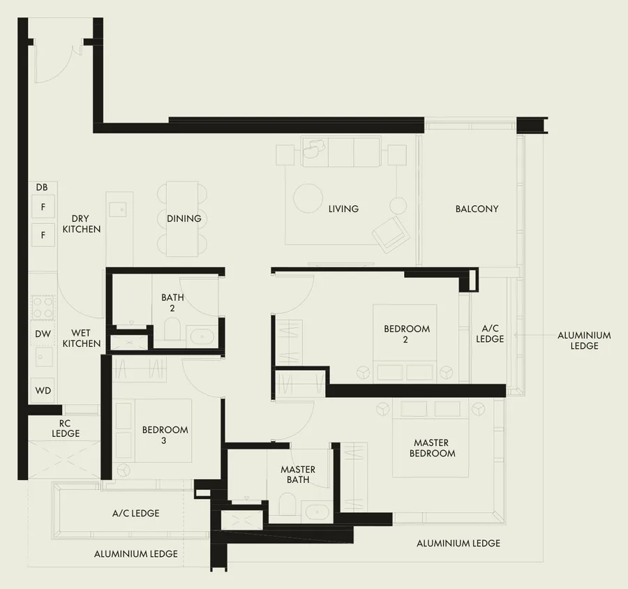Floor plan of W Residences Marina View - Singapore type C1, 3-Bedroom, 1,195 sq ft