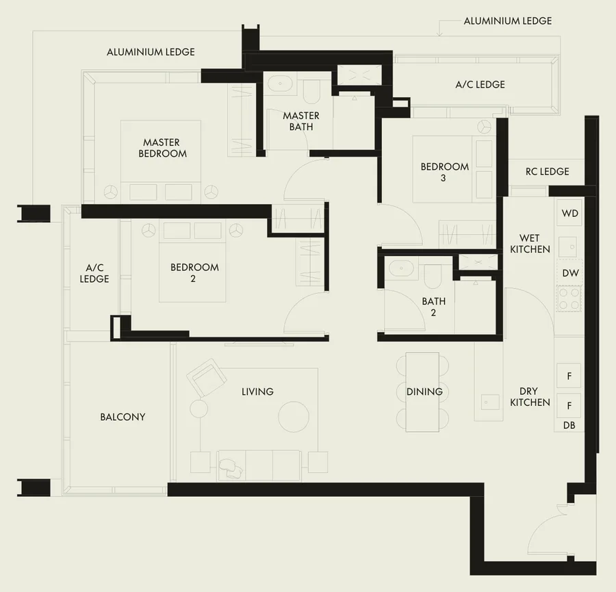 Floor plan of W Residences Marina View - Singapore type C2, 3-Bedroom, 1,195 sq ft