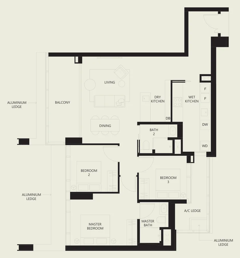 Floor plan of W Residences Marina View - Singapore type C3, 3-Bedroom Premium, 1,249 sq ft