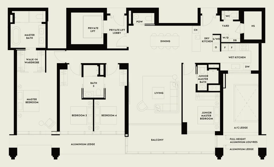 Floor plan of W Residences Marina View - Singapore type D1, 4-Bedroom, 2,250 sq ft