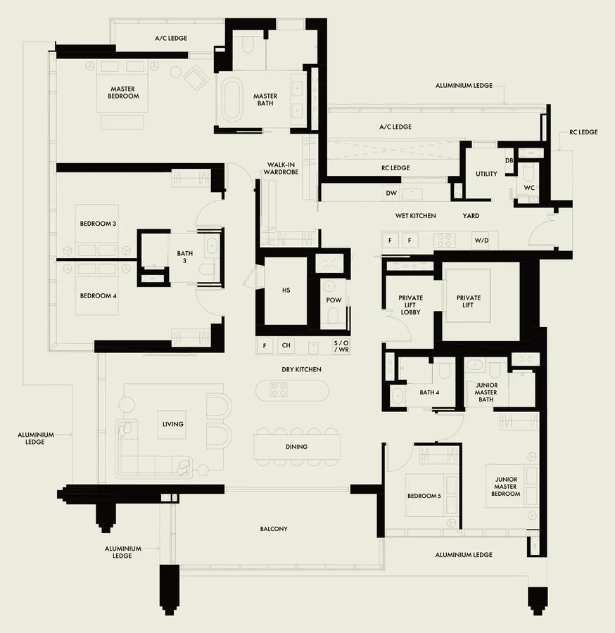 Floor plan of W Residences Marina View - Singapore type E1a, 5-Bedroom, 2,809 sq ft