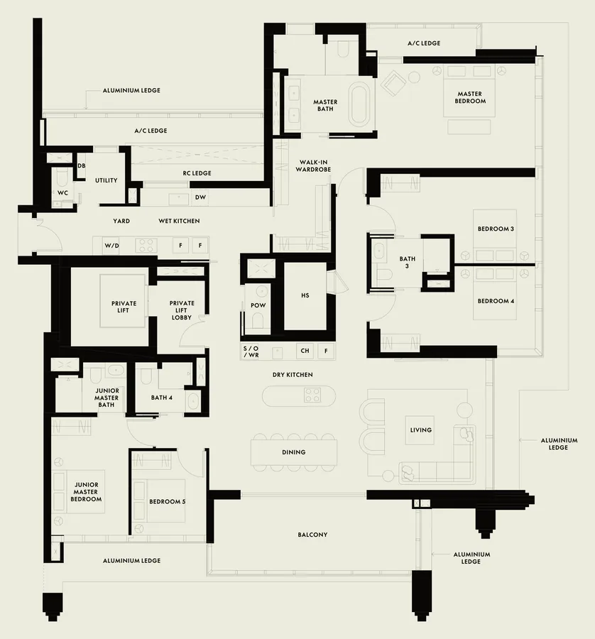 Floor plan of W Residences Marina View - Singapore type E1b, 5-Bedroom, 2,809 sq ft