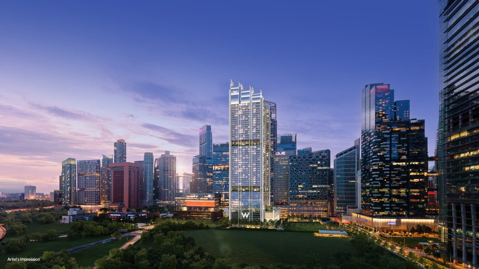 Artist's impression of the 51-storey W Residences Marina View tower at dusk, among the towers of the financial district and seen across open land