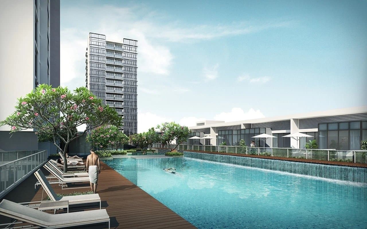 Waterbank @ Dakota, artist's impression: the pool deck, a tower and the cabana block