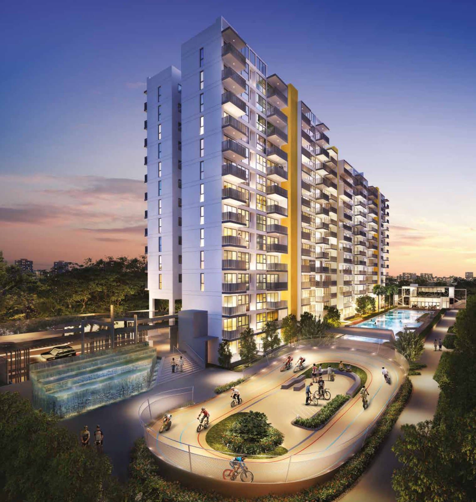 Westwood Residences: 14-storey blocks with full-height glass and alternating balconies, at dusk