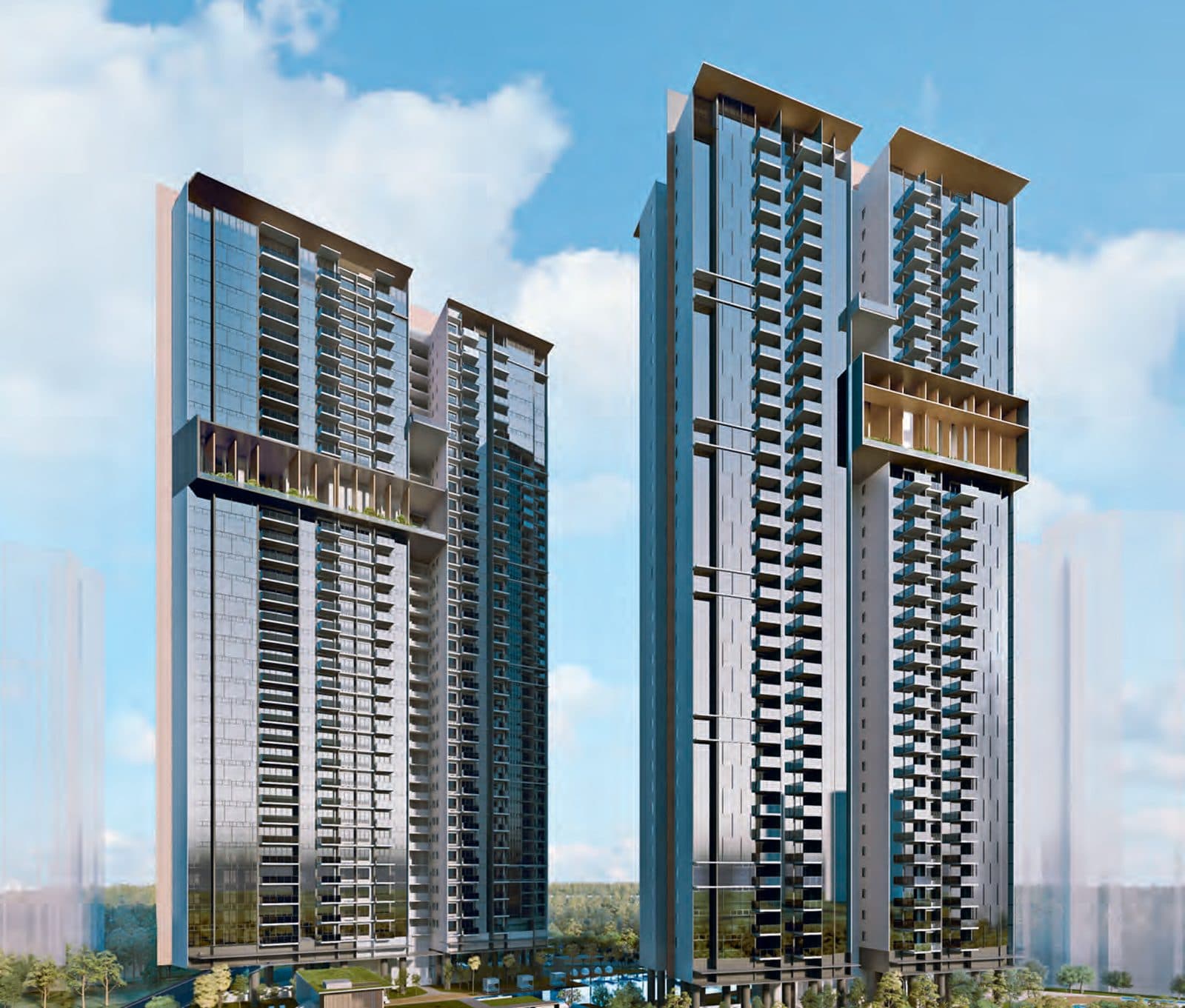 Artist's impression of Whistler Grand: two 36-storey towers, each with a Sky Club cut into it part-way up