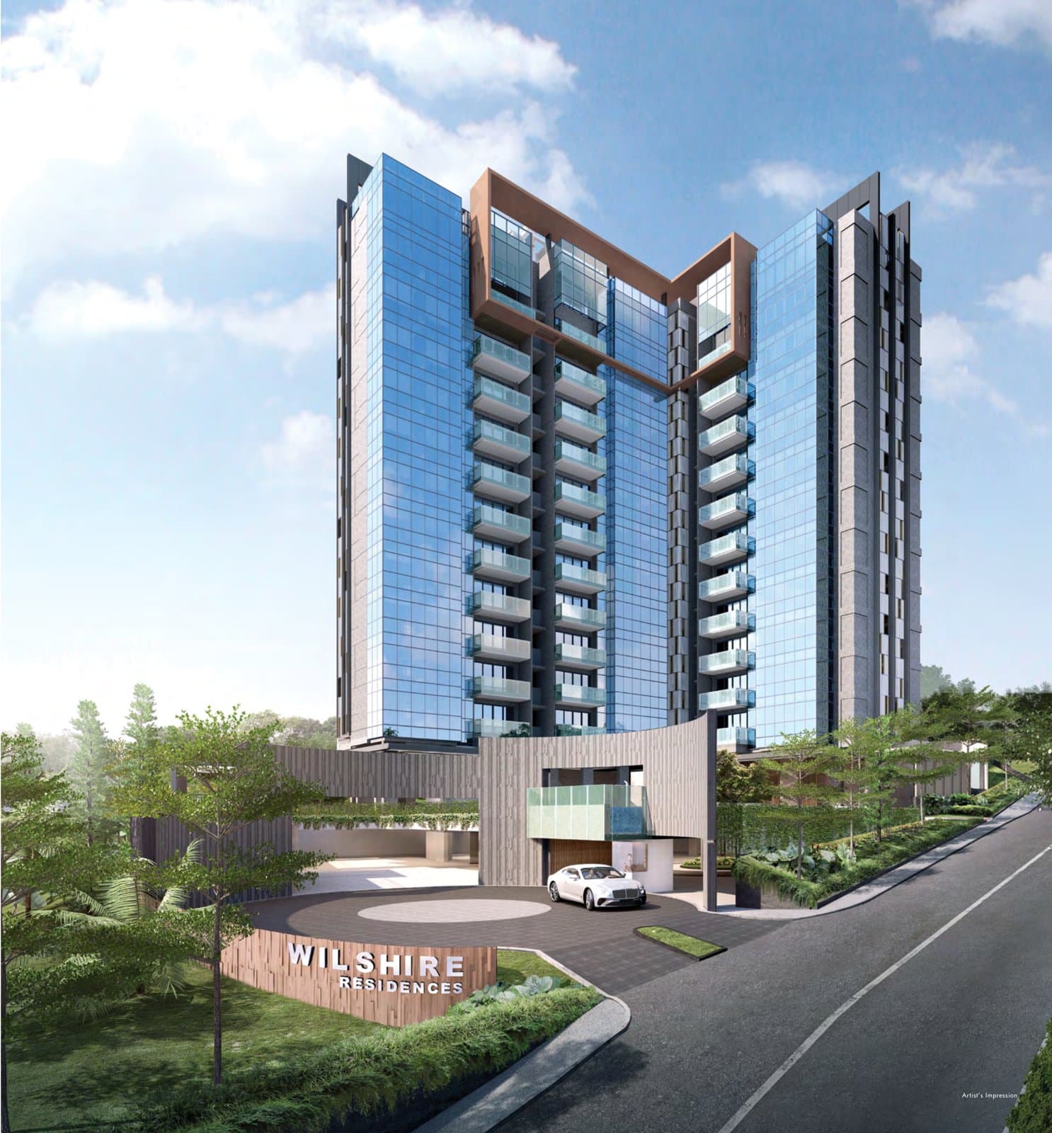 Wilshire Residences: the 12-storey glass tower with bronze-framed balconies above its Farrer Road arrival court