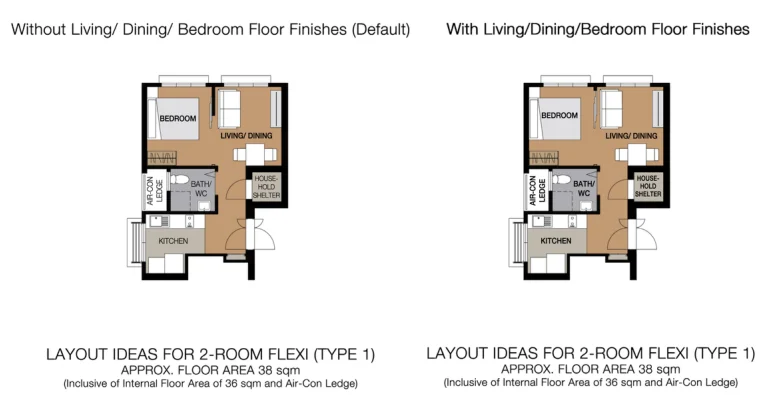 HDB floor plan of a 2-room Flexi (Type 1) flat at Woodlands Glade, about 38 sqm