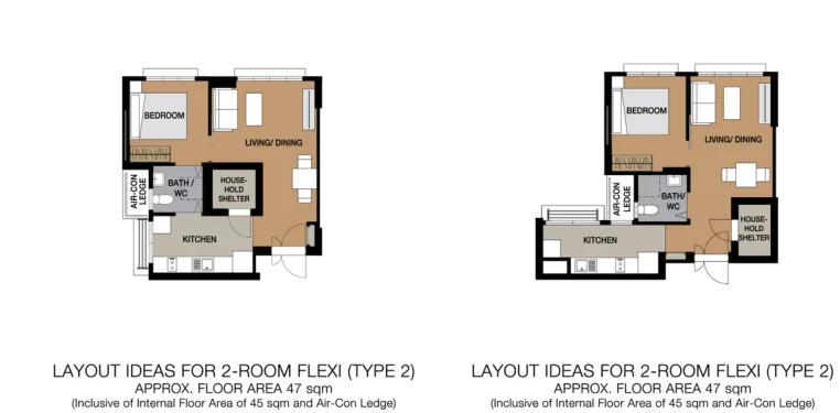 HDB floor plan of a 2-room Flexi (Type 2) flat at Woodlands Glade, about 47 sqm
