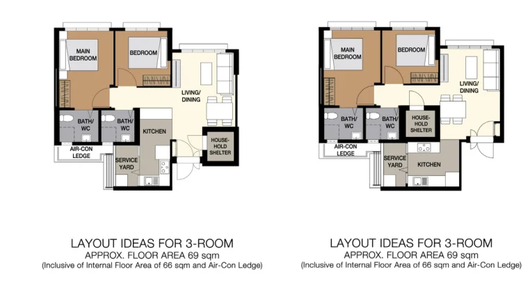 HDB floor plan of a 3-room flat at Woodlands Glade, about 69 sqm