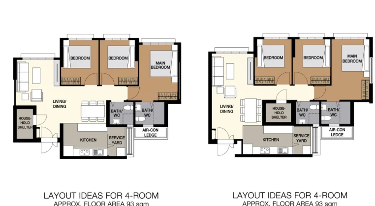 HDB floor plan of a 4-room flat at Woodlands Glade, about 93 sqm