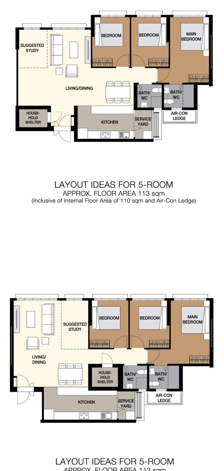 HDB floor plan of a 5-room flat at Woodlands Glade, about 113 sqm