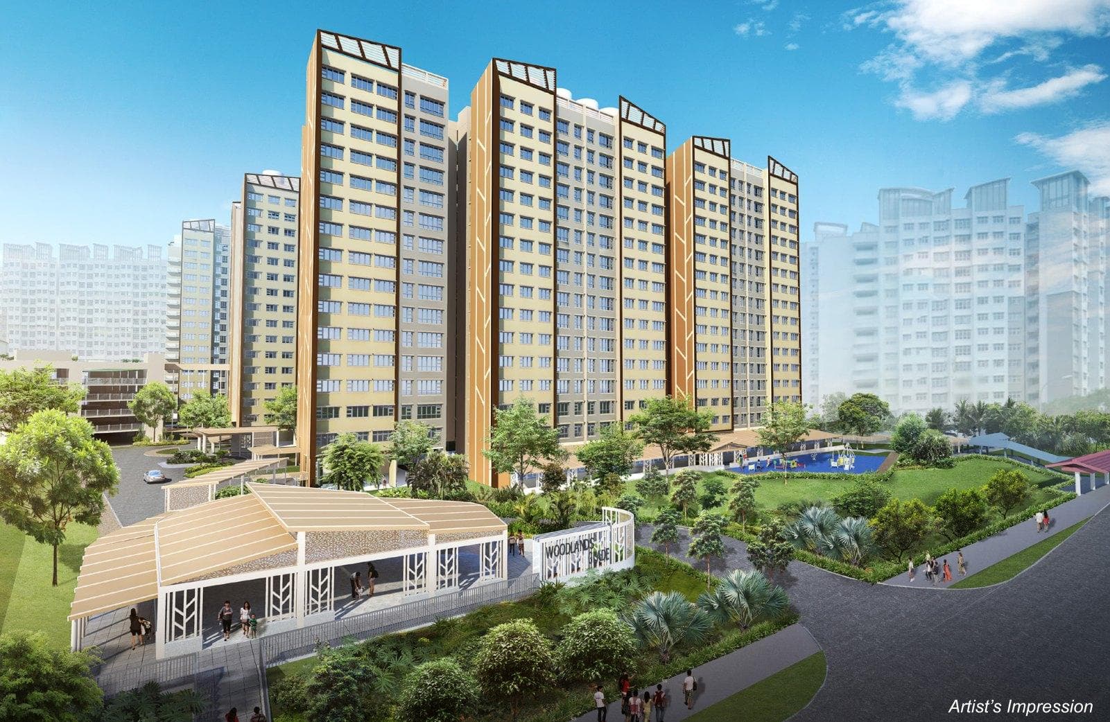 Artist’s impression of Woodlands Glade: 16-storey HDB blocks in warm orange and white around a landscaped garden with a pavilion
