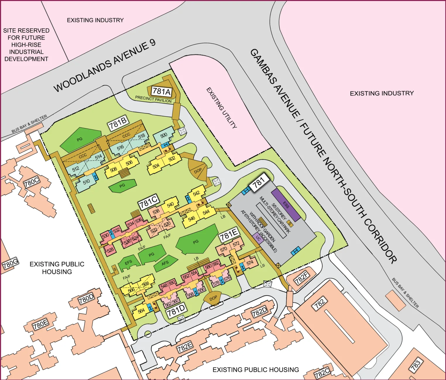 HDB site plan of Woodlands Glade, blocks 781B, 781C, 781D and 781E