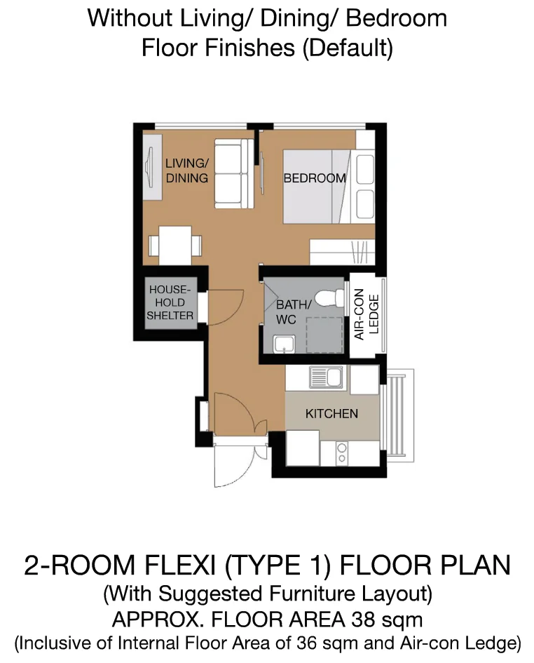 HDB floor plan of a 2-room Flexi (Type 1) flat at Yio Chu Kang Beacon, about 38 sqm