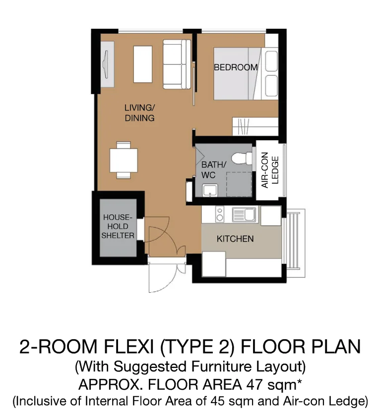 HDB floor plan of a 2-room Flexi (Type 2) flat at Yio Chu Kang Beacon, about 47 sqm