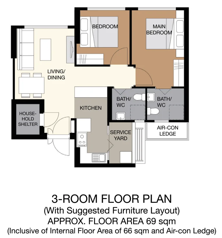 HDB floor plan of a 3-room flat at Yio Chu Kang Beacon, about 69 sqm
