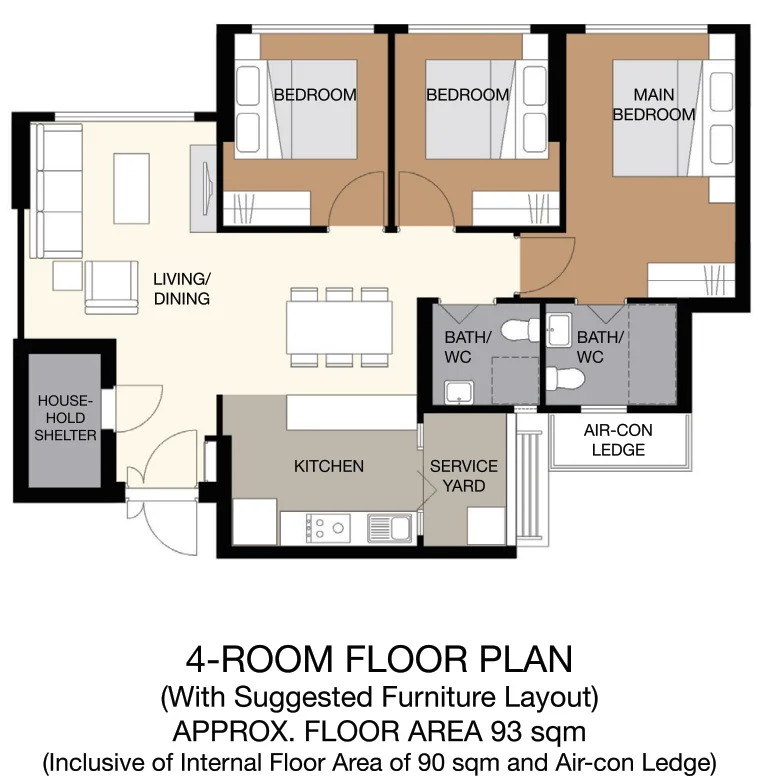 HDB floor plan of a 4-room flat at Yio Chu Kang Beacon, about 93 sqm