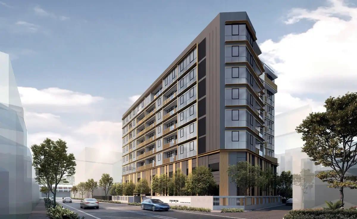 Artist's impression of Zyanya: the 8-storey block on Lorong 25A Geylang with its gate and planting