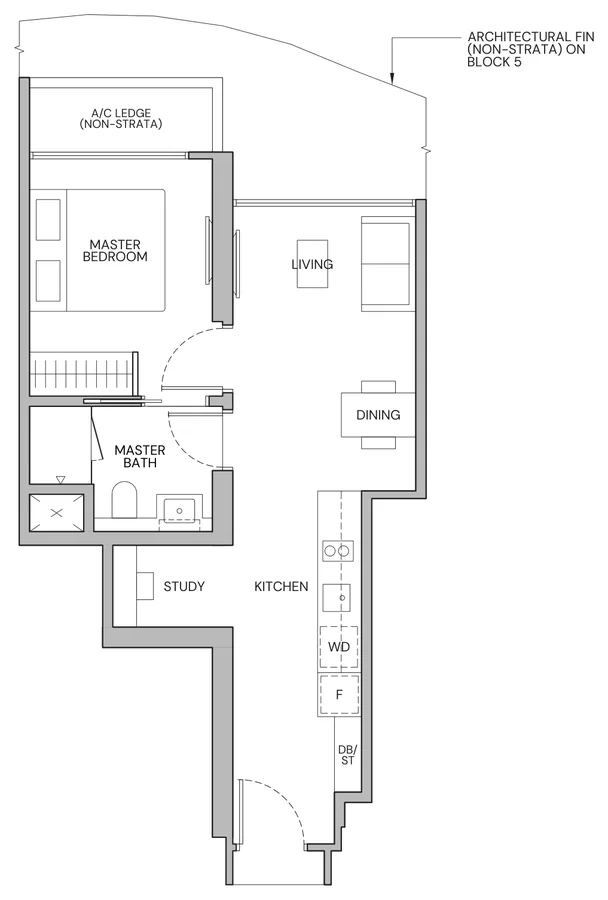 Floor plan of Zyon Grand type A1s, 1-Bedroom + Study, 474 sq ft