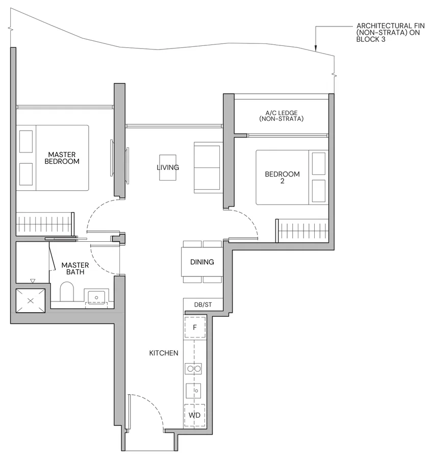 Floor plan of Zyon Grand type B1, 2-Bedroom, 538 sq ft