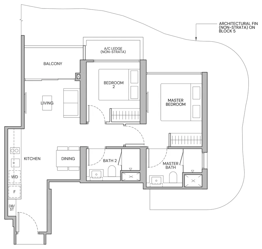 Floor plan of Zyon Grand type BP1, 2-Bedroom Premium, 646 sq ft