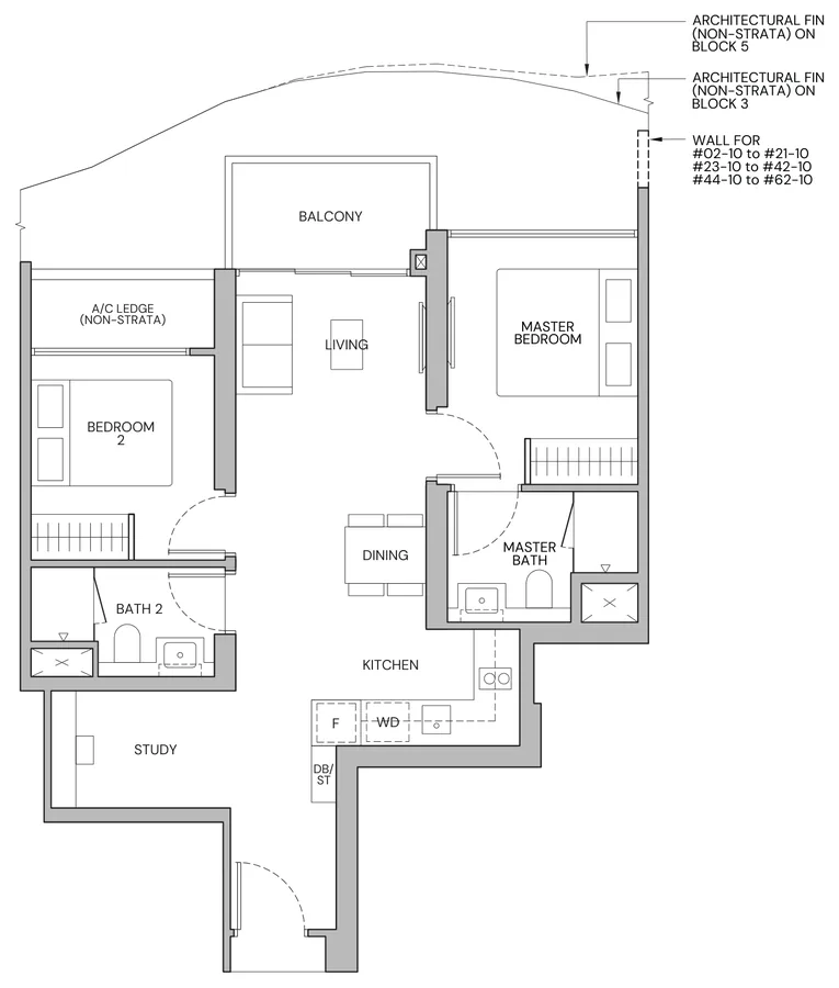 Floor plan of Zyon Grand type BP2s, 2-Bedroom Premium + Study, 721 sq ft