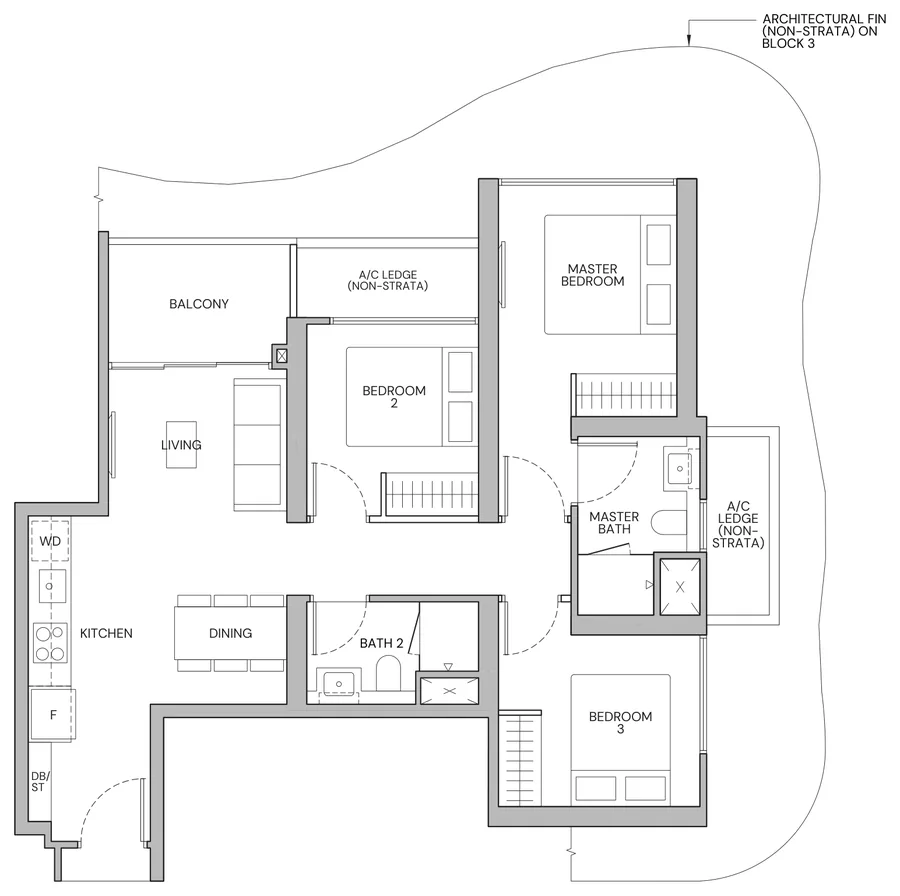 Floor plan of Zyon Grand type C1, 3-Bedroom, 818 sq ft