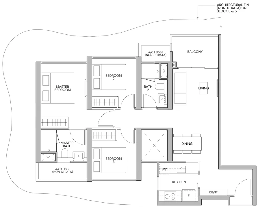 Floor plan of Zyon Grand type CD1, 3-Bedroom Deluxe, 861 sq ft