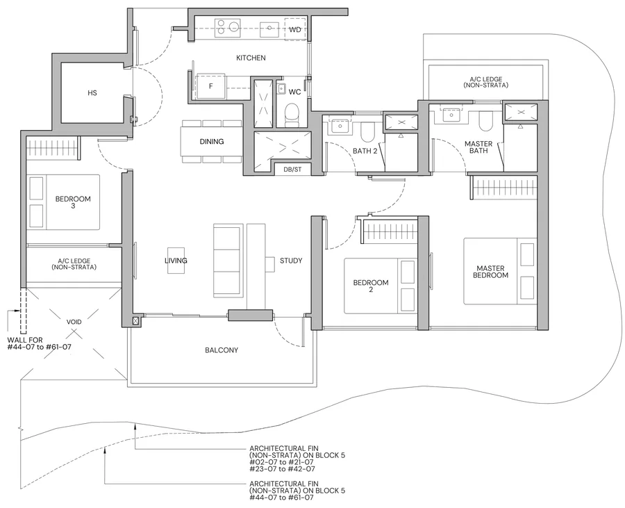 Floor plan of Zyon Grand type CP1s, 3-Bedroom Premium + Study, 1,055 sq ft