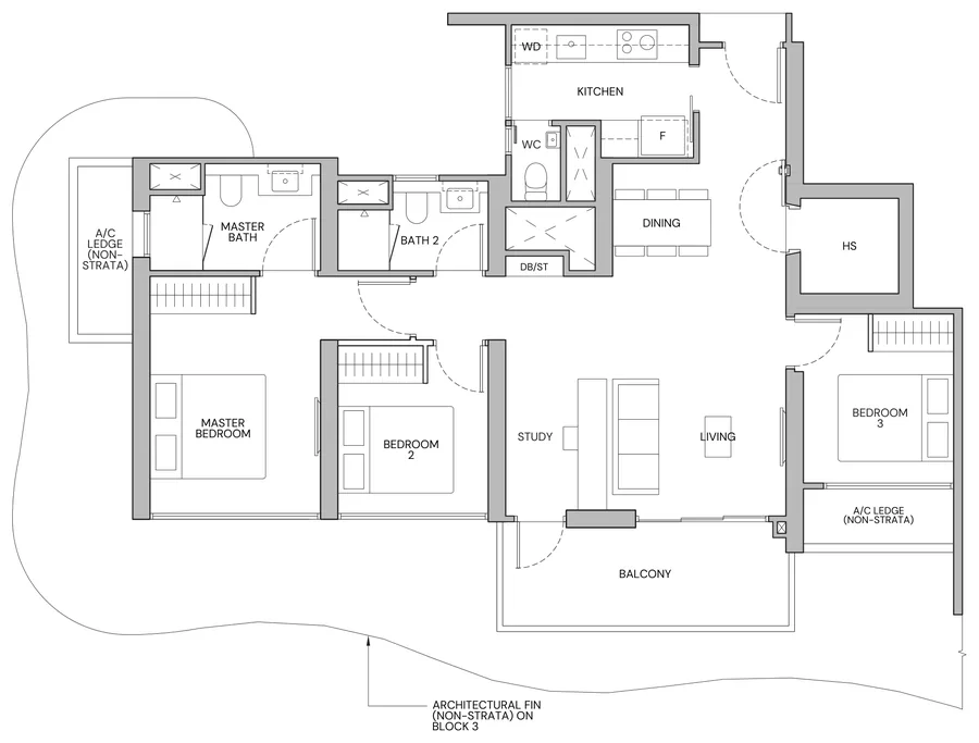 Floor plan of Zyon Grand type CP2s, 3-Bedroom Premium + Study, 1,076 sq ft