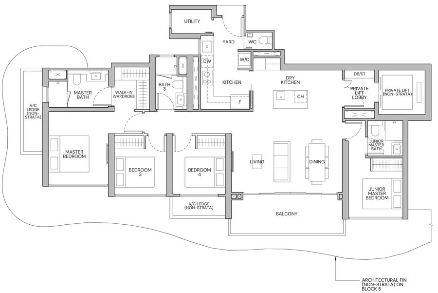 Floor plan of Zyon Grand type DP1, 4-Bedroom Premium (With Private Lift), 1,421 sq ft
