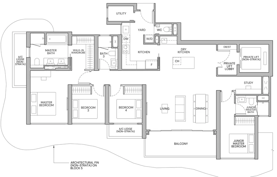 Floor plan of Zyon Grand type DS2s, 4-Bedroom Supreme + Study (With Private Lift), 1,615 sq ft