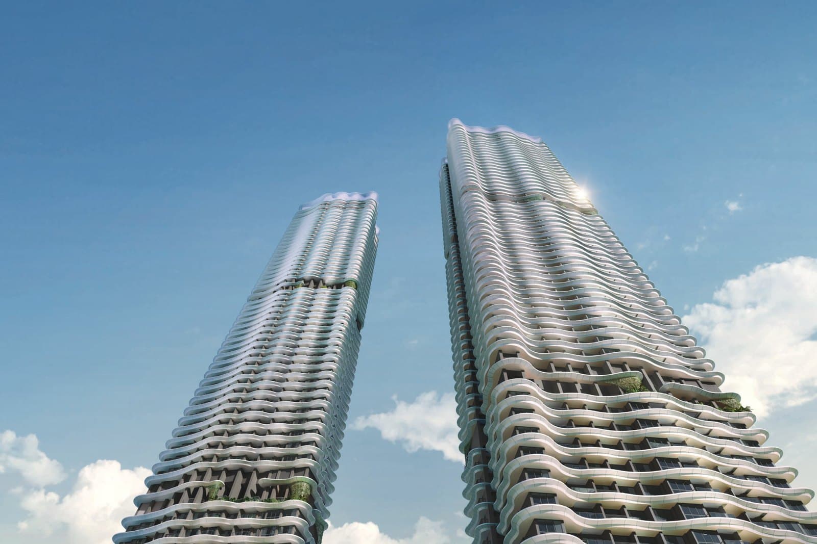 Artist's impression of Zyon Grand: the two 62-storey towers seen from below against a blue sky, their curved white eaves wrapping every storey
