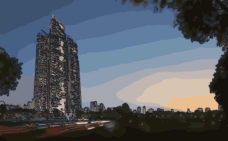 Stylised cartoon of Trevista — the cluster of towers near Braddell MRT at dusk.
