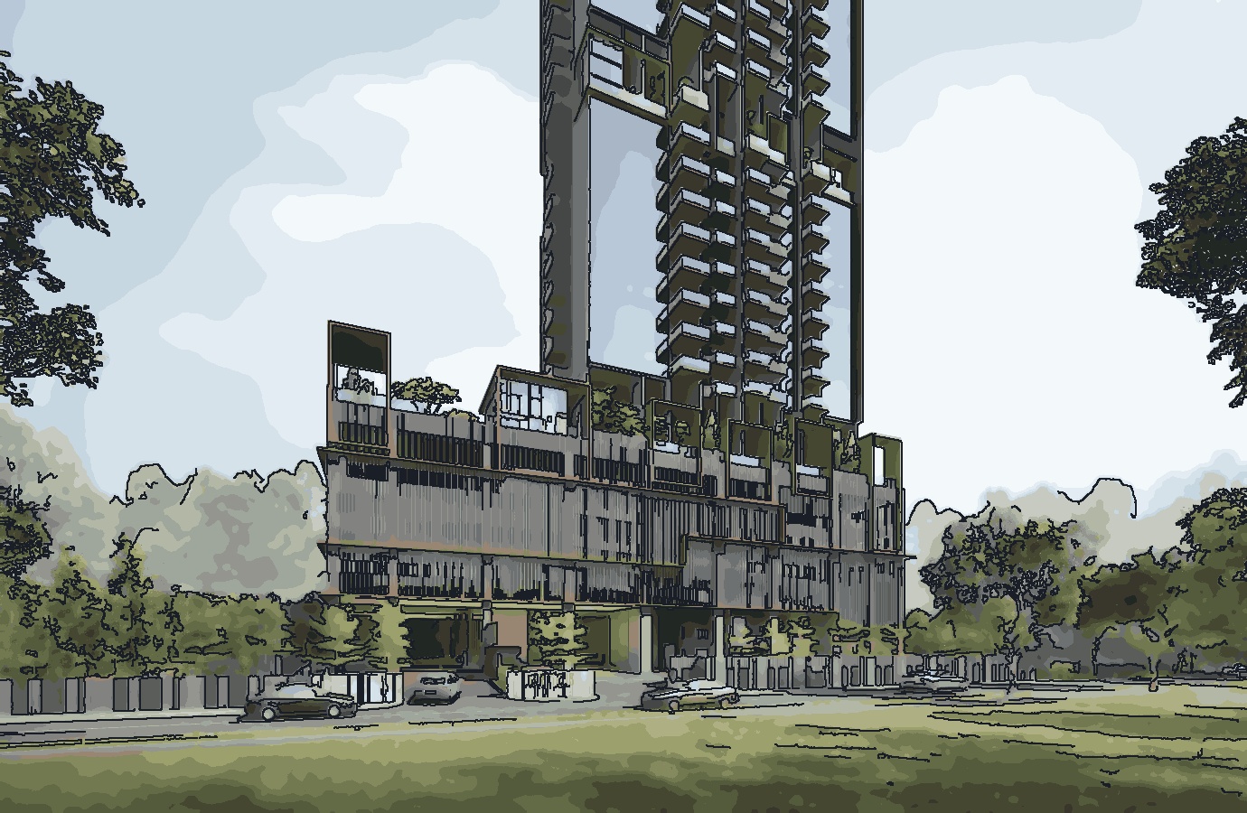 Stylised cartoon of Verticus — the slim freehold tower above its layered podium.