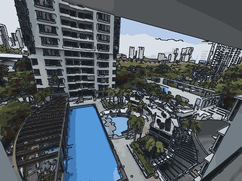 Stylised cartoon of De Royale — the freehold block above the curved pool deck.