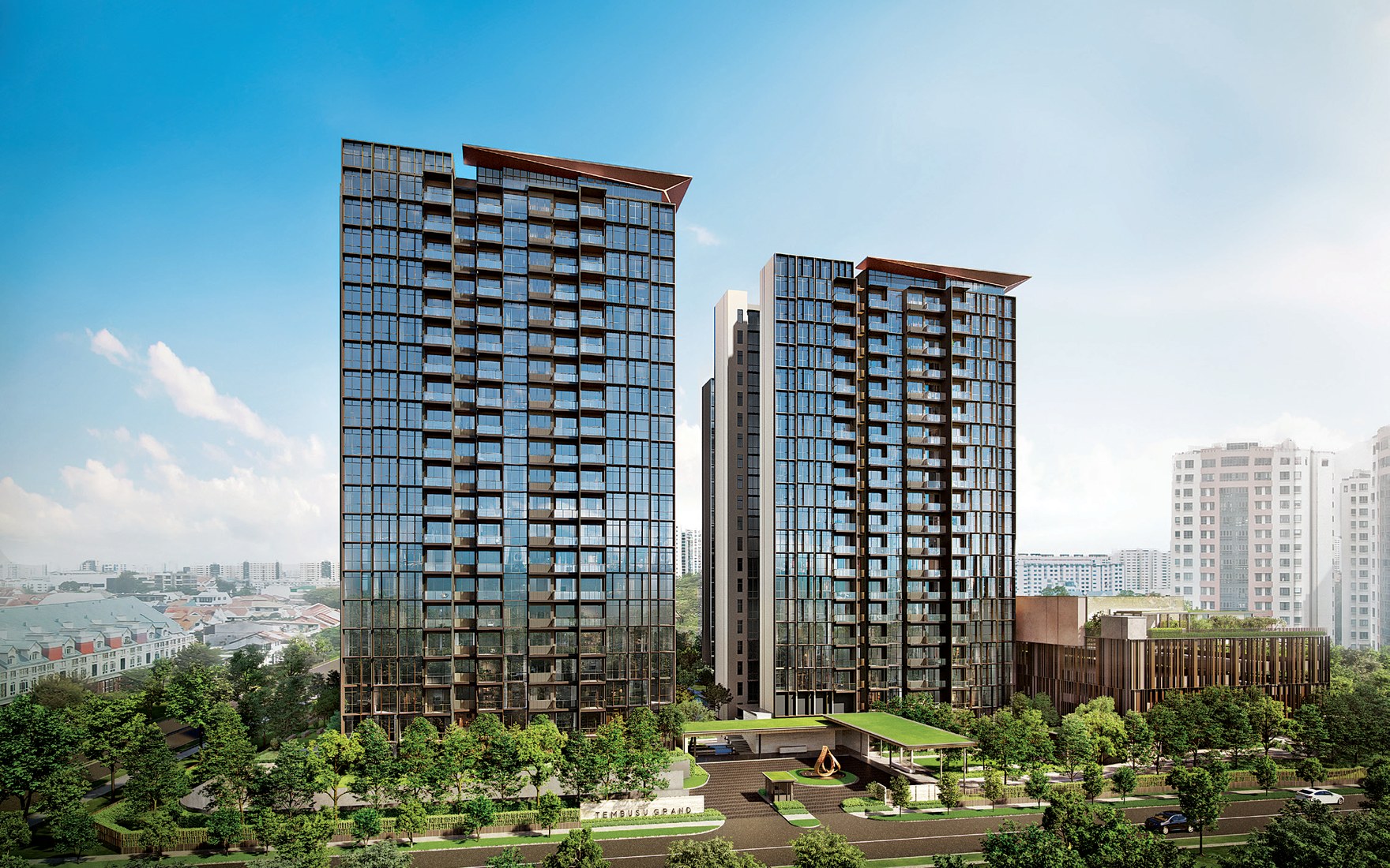 Tembusu Grand — four towers over a landscaped arrival court on Jalan Tembusu, the first of Katong's GLS generation.