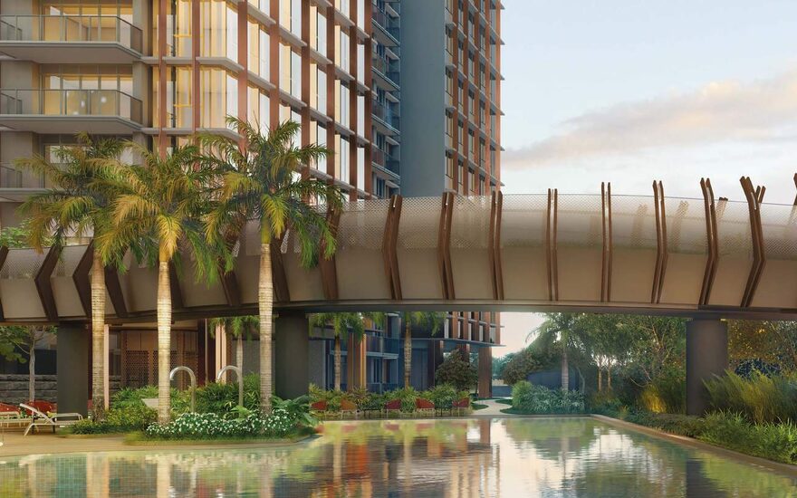 The Continuum——横跨泳池、连接南北两个地块的空中天桥,Thiam Siew Avenue。