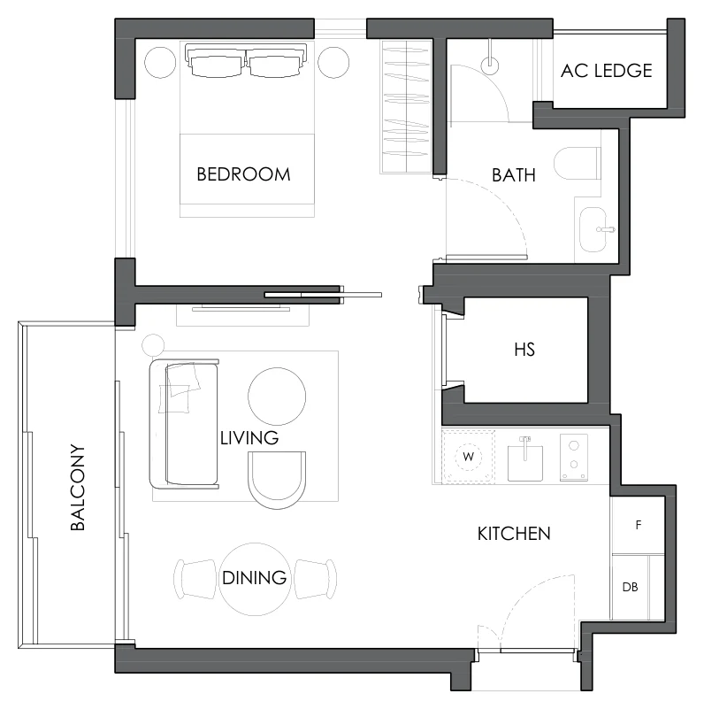 10 Evelyn floor plan, type A2a: 1-Bedroom, 495 sq ft