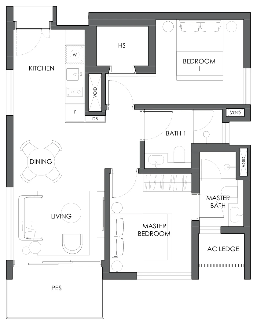 10 Evelyn floor plan, type B2a: 2-Bedroom, 732 sq ft